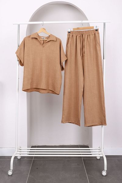 İmajButik Μπισκότο Πουκάμισο Off Shoulder Σετ Λινό με Παντελόνι