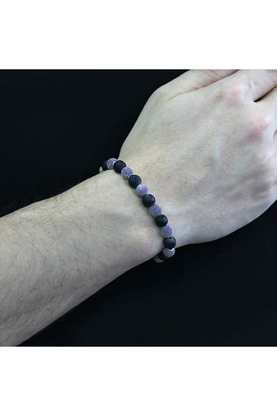 Tesbihane Crescent and Star Patterned Onyx Metal Combination Sphere Cut Natural Stone Bracelet