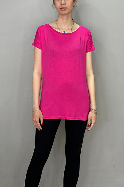 Tam Moda Γυναικείο μπλουζάκι με γιακά καγιάκ με μανίκια φούξια χρώμα