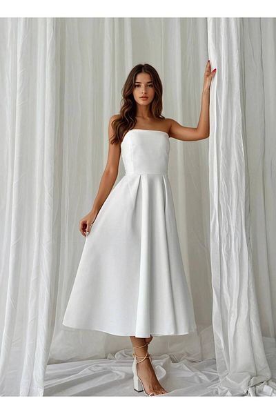 OLSAMODA Women's Strapless Blouse Cut Midi Length Engagement Wedding Invitation Dress