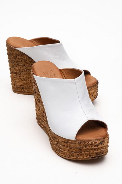 LuviShoes Nelly White Skin Genuine Leather Women's Wedge Heeled Slippers
