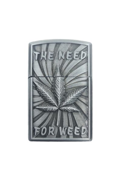 dalimag Bricheta cu benzina, model The Need for Weed gri, 3D relief, reincarcabila, metalica, 7 cm