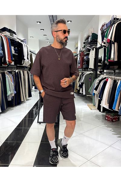 higo Waffle Fabric Oversize Men's T-Shirt & Shorts Set of Two