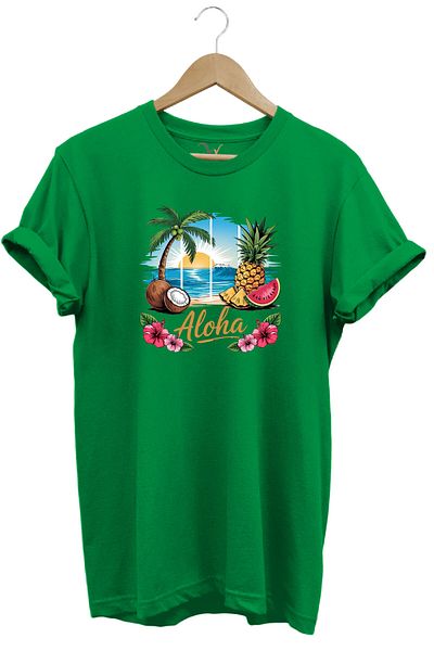 WİDİ Vibe de vară Aloha Tricou unisex din bumbac 100% cu imprimeu de nucă de cocos pe plaja de vară