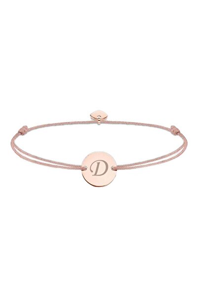 dalimag Brățară reglabilă cu monedă rotundă și inimă din aur roz, litera D gravată, șnur bej