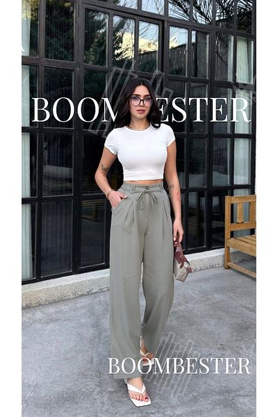 BoomBester Women's Broken Twill Linen Palazzo Trousers with Elastic Waist and Lace Detail