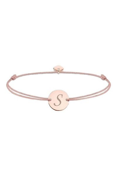 dalimag Adjustable Bracelet with Round Charm and Heart, Rose Gold, Letter S Engraving, Beige Cord