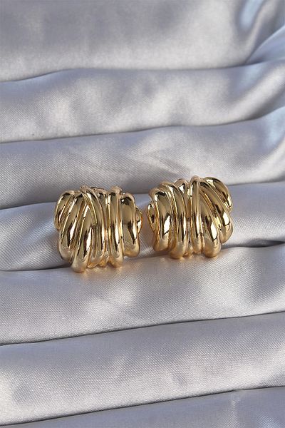 ALFA AKSESUAR 03 Brass Gold Color Serrated Curved Model Earrings - Tj-Bkp9089