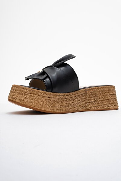 LuviShoes Shara Black Bow Bee Buckle Wedge Sole Women's Slippers