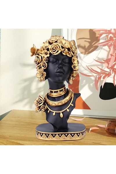 BLA BLA FOAM Statueta decorativa, bust feminin, stil artistic, negru mat cu accente aurii, 26 cm