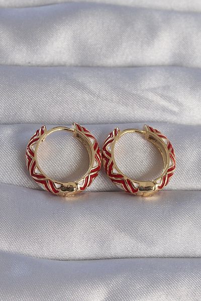 ALFA AKSESUAR 03 Brass Gold Color Red Ethnic Patterned Hoop Earrings - Tj-Bkp9074