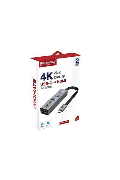 Promate "محول USB-C إلى HDMI بدقة عالية 4K بمعدل 30 هرتز، مزود بـ 3 منافذ USB 3.0،