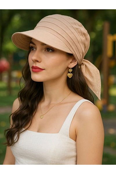 SFCOLLECTION Women's Summer 100% Cotton Wide Brim Summer Hat Safari Tie-Up Brim Bandana Visor Hat