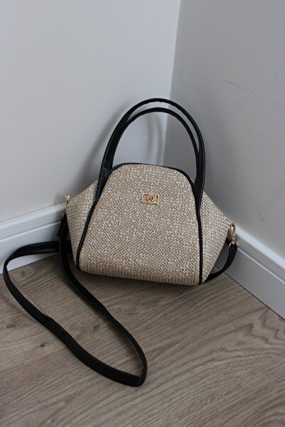 mossi Hasır Görünümlü Siyah Suni Deri Kadın El Ve Omuz Çantası