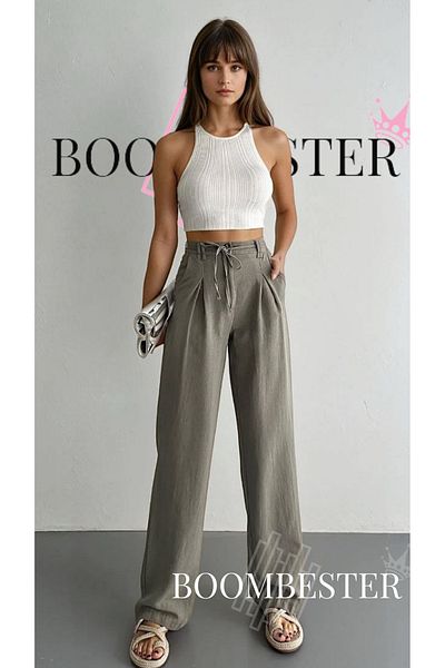 BoomBester Women's Broken Twill Linen Palazzo Trousers with Elastic Waist and Lace Detail