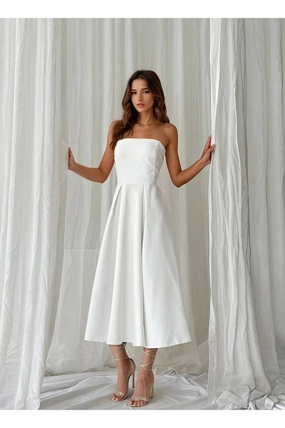 OLSAMODA Women's Strapless Blouse Cut Midi Length Engagement Wedding Invitation Dress