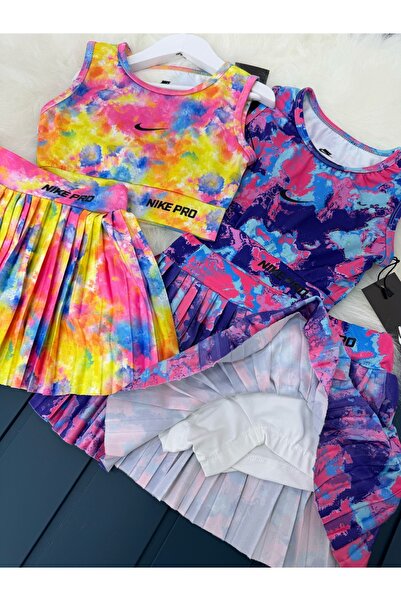 MİNİ İNOWESTA KİDS Girl's Casual Crop Chic Design Shorts Skirt Boxer Vivid Colors Sports Crop Bottom Top Suit