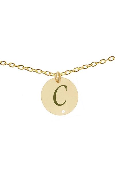 dalimag Lanț din argint 925 placat cu aur de 24k, 50 cm, cu pandantiv circular gravat cu litera C