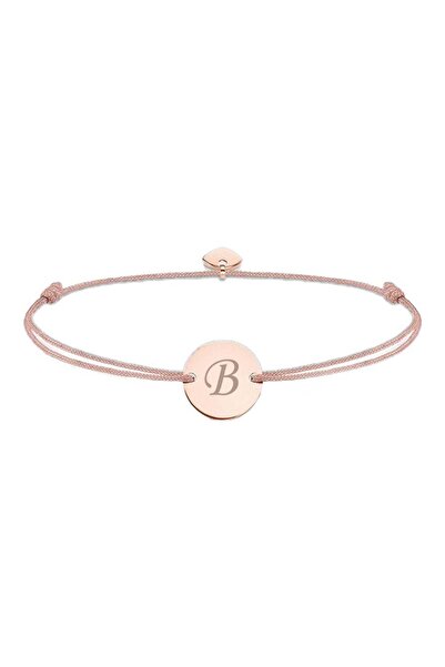 dalimag Brățară reglabilă cu pandantiv rotund și inimă, aur roz gravat cu litera B, șnur bej, Dali
