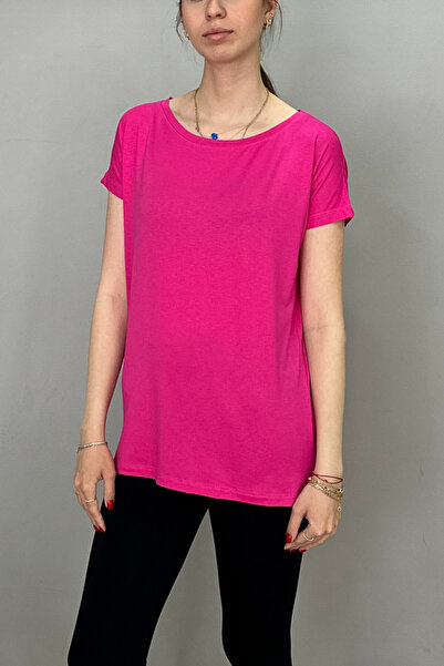 Tam Moda Γυναικείο μπλουζάκι με γιακά καγιάκ με μανίκια φούξια χρώμα