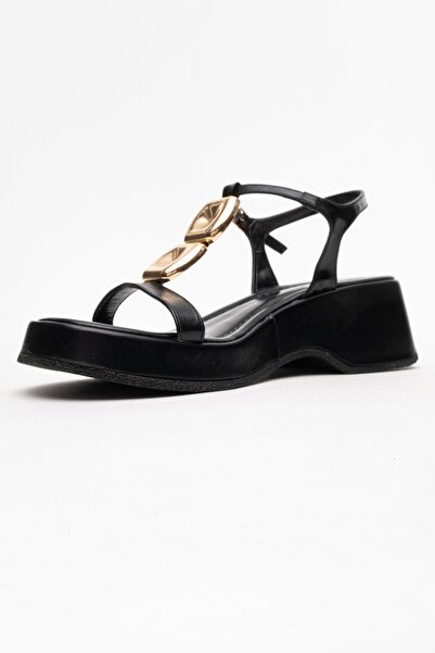 LuviShoes Kerry Black Gold Buckle Wedge Sole Women's Sandals