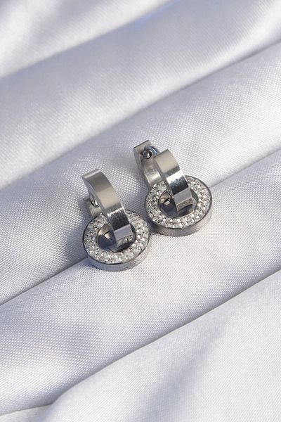 ALFA AKSESUAR 03 316L Steel Silver Color Zircon Stone Nested Oval Earrings - Tj-Bkp9013