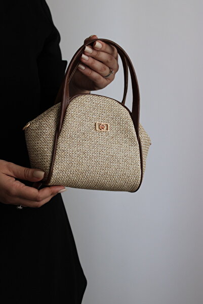 mossi Hasır Görünümlü Taba Suni Deri Kadın El Ve Omuz Çantası