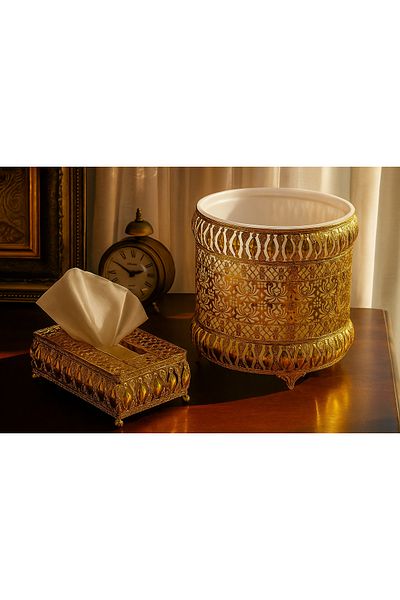 Living Gold Round Trash Bin with Decorative Pattern & Gold Stainless Steel Tissue Box