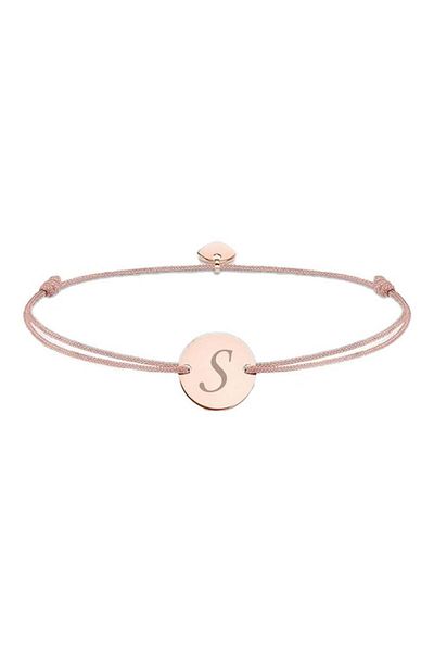 dalimag Adjustable Bracelet with Round Charm and Heart, Rose Gold, Letter S Engraving, Beige Cord