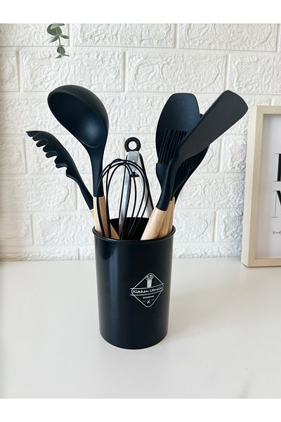 moon home dekor 9 Piece Black Silicone Serving Set – Wooden Handle