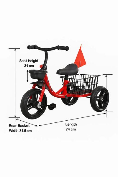 MASA Kids Pedal Tricycle with Rear Basket & Flag – Sturdy Frame, Multiple Colors