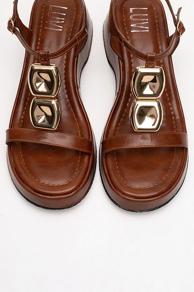 LuviShoes Kerry Tan Gold Buckle Wedge Sole Women's Sandals