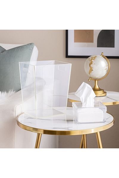 Living Acrylic Bathroom Set – Square Trash Bin with Side Handles & Tissue Box