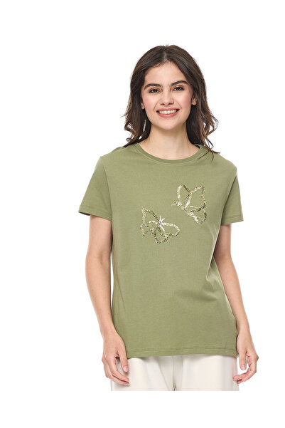 R&B تي شيرت مزين بالترتر مع رقبة دائرية وأكمام قصيرة