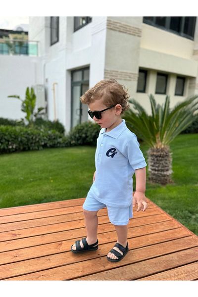 GÖKJOY BUTİK Premium Quality Polo Collar Embroidery Detail Cotton Fabric Boy's Shorts Suit