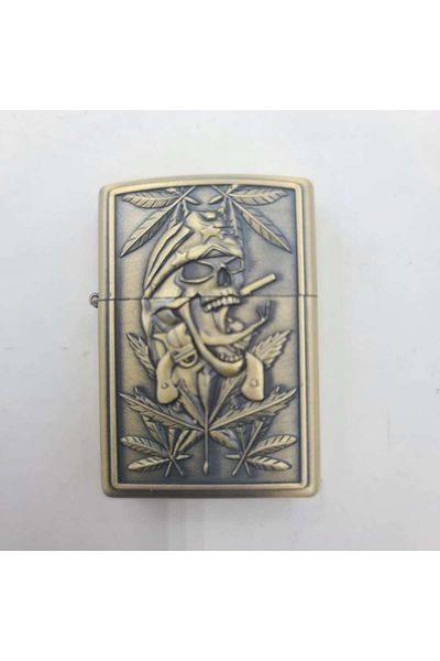 dalimag Gasoline Lighter, Cannabis with Skull 3D Relief, Refillable, Metallic, Gold,