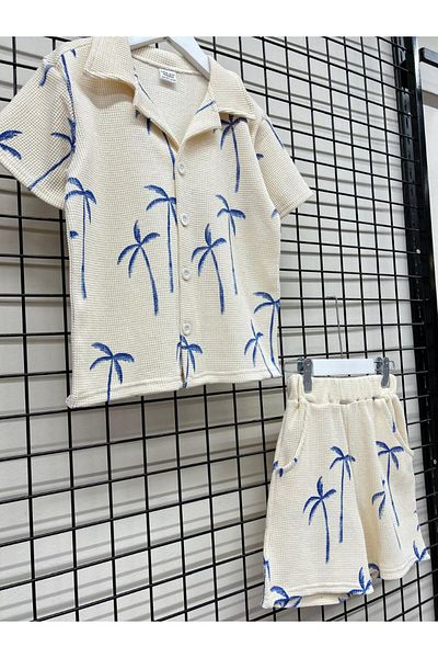 GÖKJOY BUTİK Premium Quality Palm Printed Cotton Fabric Boy's Shorts Suit