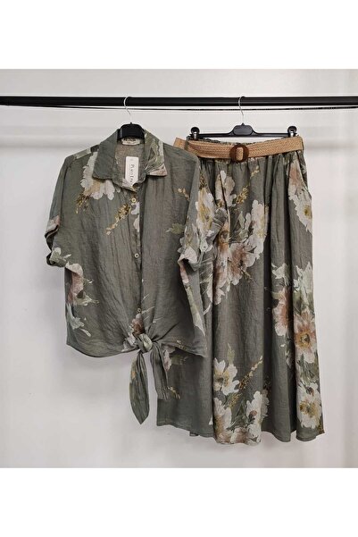 della moor Women's Khaki Italian Floral Pattern Skirt - Shirt Linen Set