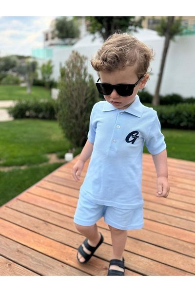 GÖKJOY BUTİK Premium Quality Polo Collar Embroidery Detail Cotton Fabric Boy's Shorts Suit