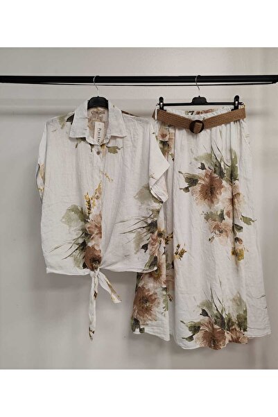 della moor Women's White Italian Floral Print Skirt - Shirt Linen Set
