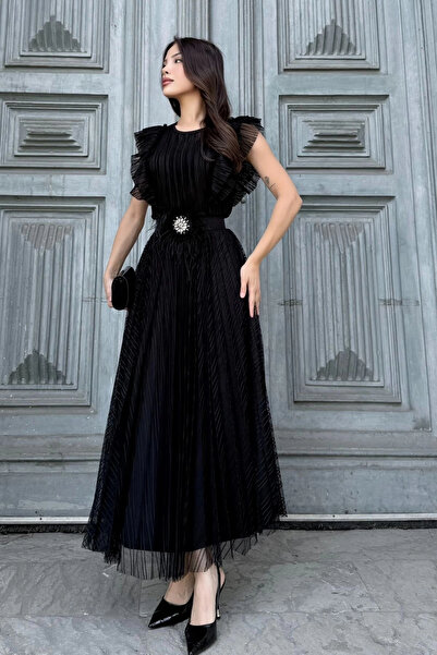 lodmela Straplez Yaka Omuz Fırfır Detaylı Kemerli Abiye Elbise 2282-Siyah