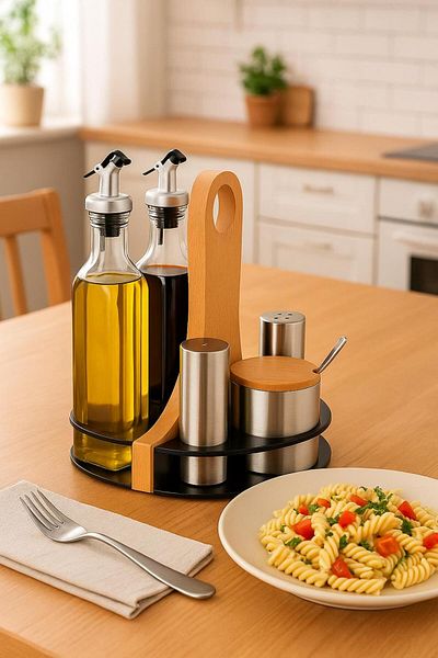 MAVİ TREND Countertop Spice Rack and Oil Pot Set with Metal Wooden Stand - Set of 2 Glass Oil Pots and 3 Stainless Steel