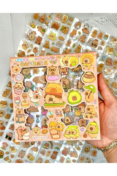 ZeCo Collection 4 Compartments 100 Sheets Capybara Pattern Transparent Pet Sticker Box Waterproof Food with Cute Friends