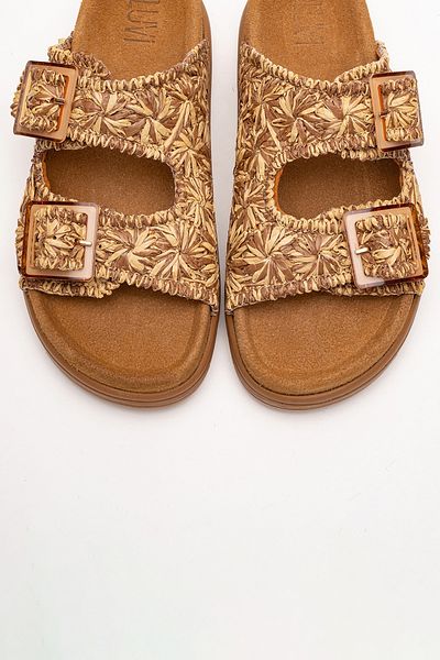 LuviShoes Milana Tan Patterned Genuine Leather Buckle Double Strap Women's Slippers