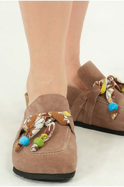Lemoors Rachel Natural Cork Sole Genuine Suede Leather Tasseled Women's Sabo Slippers