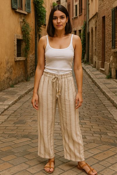 LaraLisa Collection Beige Muslin Women's Trousers with Striped Pockets
