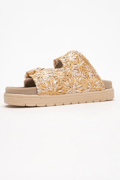 LuviShoes Milana Beige Patterned Genuine Leather Buckle Double Strap Women's Slippers