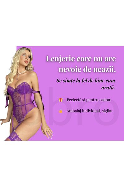 OBRO Set Lenjerie Intima Sexy pentru Dama - Body Corset Modelator, Push-Up, Dantela, Mov