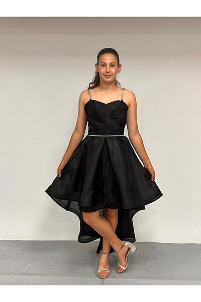BUTİKHAPPYKİDS Girl's Evening Dress Black Stone Cord Strap Heart Collar Tailed Chiffon Evening Dress 10-15 Years Old