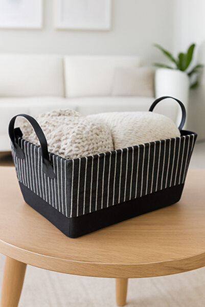 Living سلة تخزين مستطيلة من القماش بمقابض جلدية - تصميم مخطط